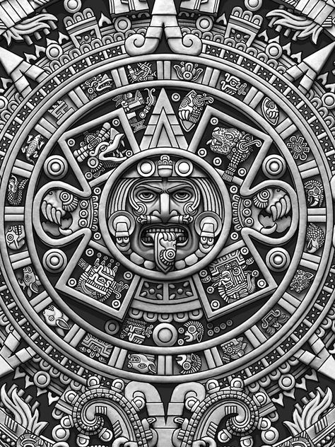 "Aztec Calendar Sun Stone - Greyscale" iPhone Case by Ninjangulo | Redbubble Aztec Statues, Aztec Warrior Tattoo, Aztec Tattoos Sleeve, Aztec Drawing, Aztec Artwork, Aztec Symbols, Mayan Tattoos, Aztec Tattoos, Aztec Tattoo Designs