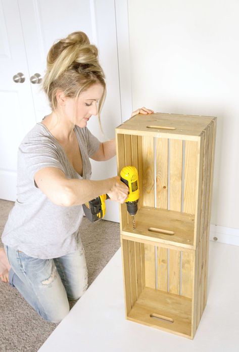 DIY Wooden Crate Shelf | Haute & Healthy Living Wooden Crates Nightstand, Wooden Box Shelves, Wood Crate Shelves, Wooden Crate Shelves, Crate Shelves Diy, Crate Nightstand, Crate Shelf, Crate Bench, Wooden Box Diy