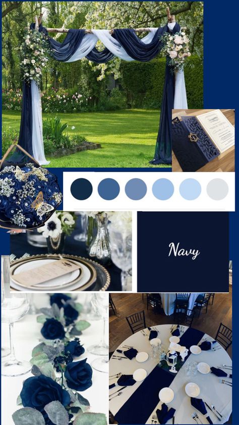 Blue And Black Theme Wedding, Marine Blue Wedding Theme, Navy Blue And Gold Wedding Backdrop, Navy Theme Wedding, Dark Beach Wedding Theme, Dark Blue Themed Wedding, Wedding Ideas Dark Blue, Shades Of Blue Wedding Decor, Light And Dark Blue Wedding