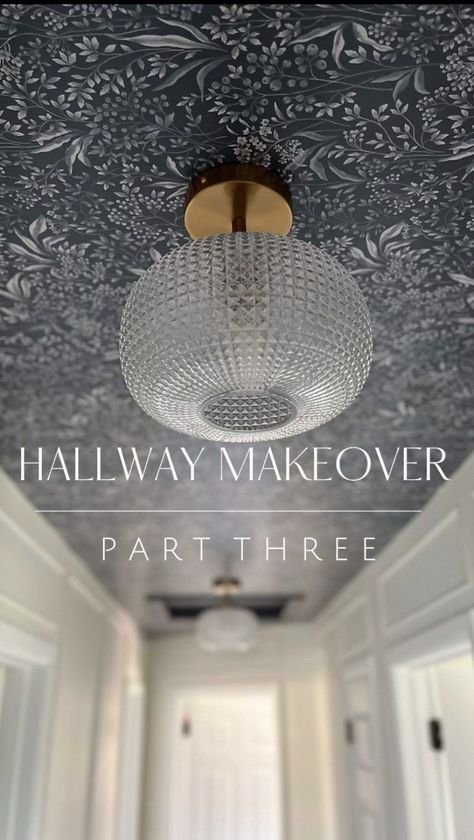 Entrance With Wallpaper, End Of Narrow Hallway Decor, Office Off Of Living Room, Small Accent Wall Hallway, Small Foyer Wall Ideas, Cool Ceilings Ideas, End If Hallway Ideas, Entry Ceiling Wallpaper, Upstairs Hallway Wallpaper