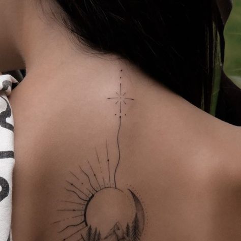 Sun And Moon Tattoo Back, Moon Back Tattoo, Wind Tattoo, Moon Sun Tattoo, Rune Tattoo, Tattoo Back, Sun Tattoos, Mountain Tattoo, Sun Moon Stars