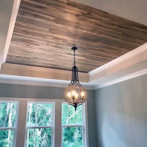 Home Dining Room Wood Ceiling Ideas Bedroom Ceiling Wood Design, Wood Covered Ceilings, Wooden Accent Ceiling, Recessed Wood Ceiling, Great Room Wood Ceiling, Wood Ceilings Dining Room, Tray Ceiling With Wood Planks, Wood Ceiling In Dining Room, Pallet Wood Ceiling Ideas