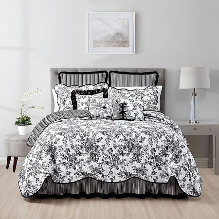 Bring an aristocratic French feel to your bedroom with the classic styling of the Toile Garden bedding collection. The popularity of toile dates back to the 1700s.Floral toile print reverses to stripesScalloped edge with contrast bindingAll-over vermicelli quiltingWashableEuro shams, pillow shams, bedskirt, accent pillows and window coverings sold separately.Features: Reversible, ScallopedQuilt Style: PrintedBed Size: KingMeasurements: 90 Length/Inches, 104 Width/InchesBase Material: 100% CottonFilling Content: 100% NofillingCare: Machine WashDecor Styles: TraditionalBed Cover Type: QuiltsCountry of Origin: Imported Black Toile, Black Bed Linen, Jc Penny, Comforter Bedding, Grey Linen Bedding, Cheap Bedding, Luxury Duvet Covers, White Linen Bedding, Cotton Bedspread