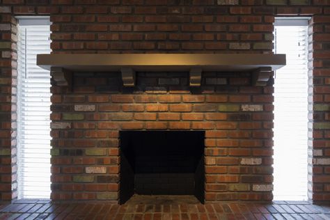 Paint Brick Fireplace White, Hanging Heavy Mirror, Brick Fireplace Wall, Tv Above Fireplace, Rustic Fireplace Mantels, Painted Brick Fireplace, Concrete Fireplace, Fireplace Mantel Decor, Rustic Fireplaces