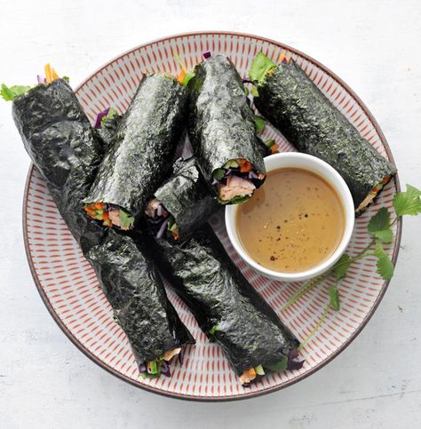 Salmon Nori Wraps Seaweed Wraps, Nori Wraps, Fried Trout, Nori Wrap, Seaweed Wrap, Sesame Ginger Dressing, Flaked Salmon, Matchstick Carrots, Sliced Avocado