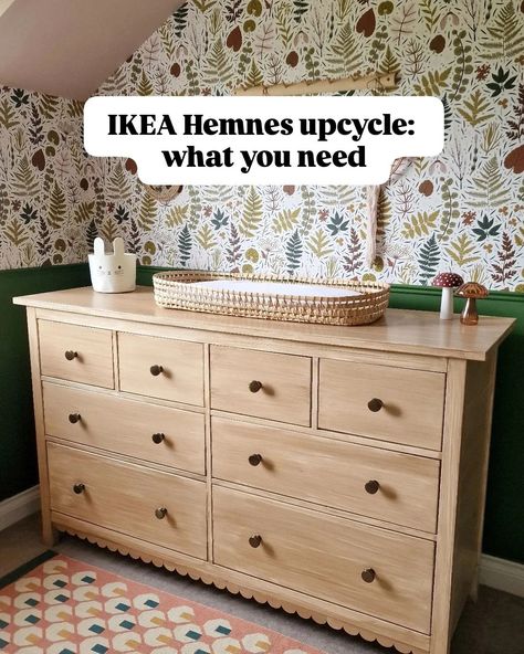 Save this for your IKEA Hemnes upcycle 👆 I had so many people ask me what I used to create the wood effect, so here's all the details: The paint is Maison Deco Refresh in Wood Effect - you can buy it from @robertdyas @lovewilko or @homebase_uk There are two small tubs inside which contain the base and top coat. This was enough to cover the drawers and trim with some paint to spare. The scallop trim is from @dunelmuk and is self-adhesive on the back - I used the smaller size. I'll link ... Hemnes Drawers Hack, Ikea Hemnes Nursery, Hemnes Upcycle, Ikea Hemnes Diy, Ikea Hemnes Dresser Hack, Hemnes Drawers, Hemnes Chest Of Drawers, Small Tubs, Hemnes Ikea