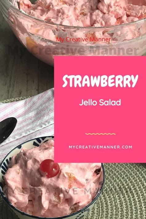 Strawberry Jello Fruit Salad is made with cool whip, strawberry jello, fruit cocktail, and cherries. #mycreativemanner Jello Salad With Fruit Cocktail, Jello And Fruit Cocktail, Fruit Cocktail Jello Salad, Jello Salad Recipes With Cool Whip, Fruit Salad With Jello, Jello Fruit Cocktail, Jello With Fruit Cocktail, Gelatine Recipes, Jello Fruit Salad