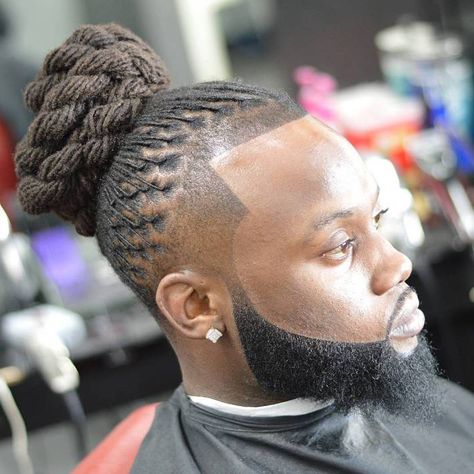 African American Twisted Bun For Men Garibaldi Beard, Twist Pony, Mens Dreadlock Styles, Black Men Beard Styles, Dread Hairstyles For Men, Long Dreads, Dread Braids, Dreadlock Hairstyles For Men, Men Beard