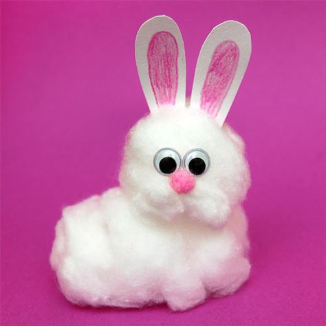 Cotton Bunny | Kids' Crafts | Fun Craft Ideas | FirstPalette.com Bunny Projects For Kids, Cottonball Bunny Craft, 3d Bunny Craft, Bunny Kids Craft, Cotton Ball Bunny Craft, Easter Rabbits Diy Craft Ideas, Cotton Activities For Kids, Bunny Arts And Crafts, Rabbit Art And Craft