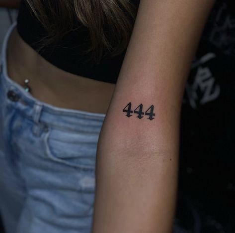 Big 444 Tattoo, 444 Matching Tattoo Ideas, 444 On Arm Tattoo, Old English 444 Tattoo, 444 Traditional Tattoo, 444 Tattoo Ideas Red Ink, Tattoo Ideas Female Numbers, Angle Number Tattoo 444, Angel Number Tattoo On Wrist