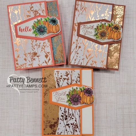 Fall Fun Fold cards with Stampin\' UP! Nested Essentials dies and Rustic Crate pumpkins colored with Stampin\' Blends markers. By Patty Bennett Fall Cards Handmade, Thanksgiving Cards Handmade, Avant Garden, Fall Greeting Cards, Autumn Cards, Card Making Ideas, Pumpkin Cards, Thanksgiving Card, Card Folds