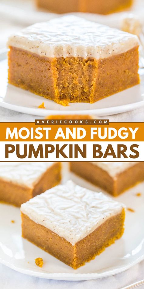 Look forward to some easy fall baking! This simple pumpkin dessert is life-changing. So rich with a vanilla browned butter glaze, these Fudgy Pumpkin Bars will remind you of fudge! Save this pumpkin spice bar recipe for a simple Thanksgiving dessert! 2 Ingredient Pumpkin Brownies, Pumpkin Bars Recipe Easy, Pumpkin Spice Bars, Spice Bars, Pumpkin Blondies, Pumpkin Pie Bars Recipe, Easy Pumpkin Dessert, Pumpkin Fudge, Bar Desserts