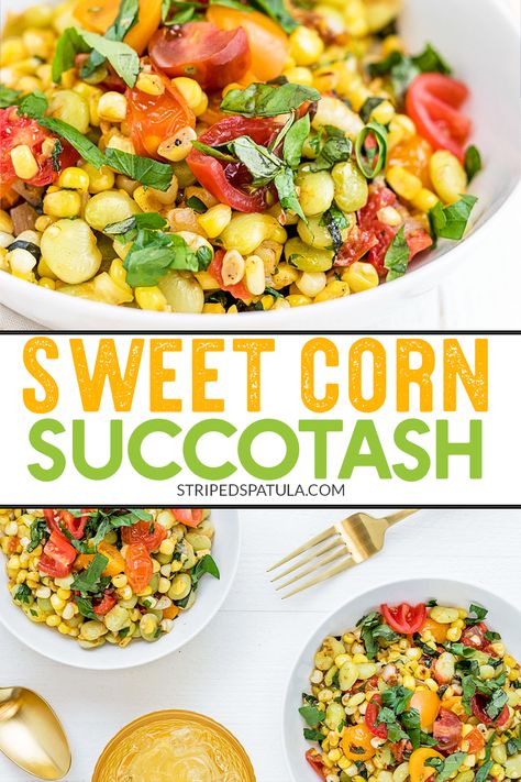 Sweet Corn Succotash is the best of summer in a bowl! With fresh corn, lima beans, and cherry tomatoes, this simple succotash recipe is a perfect way to utilize your farmer’s market haul. #corn #sidedish #succotash Summer Succotash Recipes, Vegan Succotash Recipe, Corn And Lima Bean Succotash, Sucatash Recipe Simple, Sucatash Recipe, Succotash Recipes, Corn Succotash Recipe, Southern Succotash, Succotash Salad