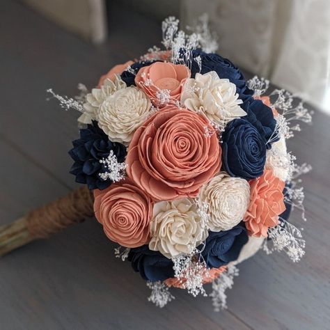 Navy Peach and Ivory Sola Wood Flower Bouquet With | Etsy Ivory Bouquet, Small Wedding Bouquets, Wood Flower Bouquet, Bouquet Bridesmaid, Blue Wedding Bouquet, Rustic Bouquet, Bouquet Bridal, Peach Wedding, Wedding Bridal Bouquets