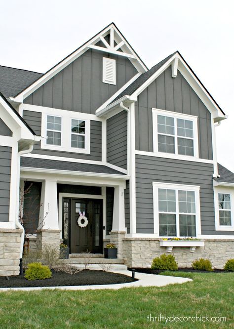 Grey House White Windows Exterior, Gray House With White Windows, Gray Two Story House Exterior, Exterior House Peak Ideas, House Exteriors With White Windows, 2 Story House Siding Ideas, Farmhouse Exterior Paint Colors Grey, Light Gray And White House Exterior, Pewter Siding Exterior