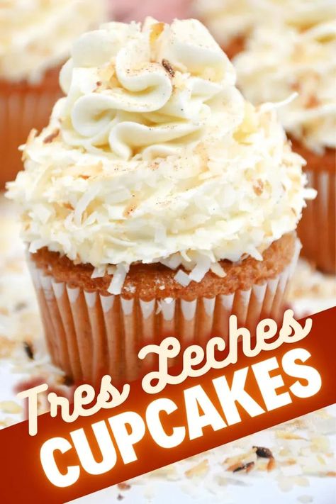 These Tres Leches Cupcakes are a clever take on the popular dessert of the same name which originated in Mexico. You will be taking a basic cake mix and enriching it with three kinds of milk to make these delightful cupcakes. They're topped with vanilla frosting and toasted coconut. Delicioso! Mini Tres Leches Cupcakes, Cupcake Tres Leches, Tres Leches Cupcakes Box Cake, Tres Leches Cake In A Cup, Coquito Cake Recipe, Coquito Cupcakes, Tres Leches Cupcake, Mexican Cupcakes, Cupcake Truck