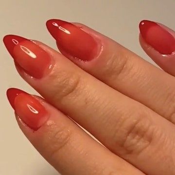 Jelly Red French Tip Nails, Translucent Red Nails, Red Clear Nails, Jelly Red Nails, Almond Nails Red, Nail Piercing, Short Almond Nails, Red Jelly, Clear Nail