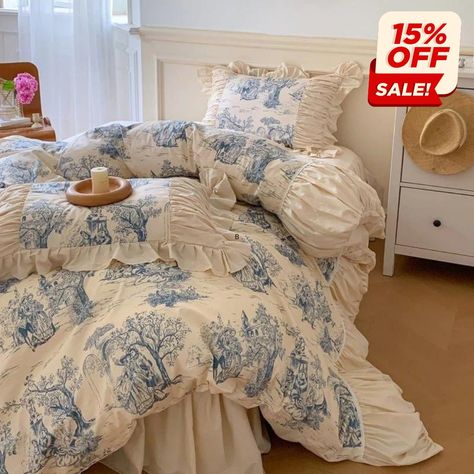 Enchant your dreams with a splash of vintage romance💙Our Courtly Blue Quilt Cover Set - where nostalgia meets comfort! 100% cotton, 100%… | Instagram Blue Elegant Bedroom, Blue Ruffle Bedding, Blue Vintage Bedroom Ideas, Blue Apartment Aesthetic, Master Living Room, Toile Bedroom, Bedroom Inspirations Blue, Toile Duvet Cover, Wall Decor Inspiration