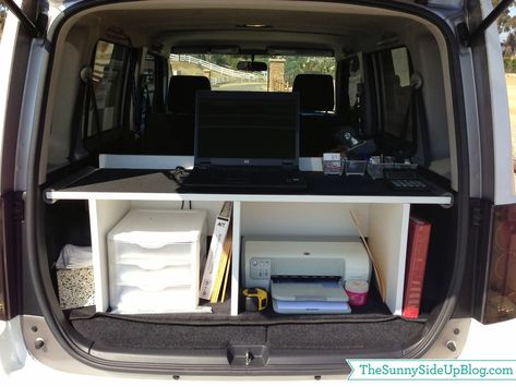 A guy came to give me a quote on putting Epoxy on our garage floors and he had the coolest little office set up inside his car!  He works on the go and said that this set up has worked like a charm.  I thought it was so smart – functional and organized.  He was … Mobile Office Organization, Car Office Ideas, Mobile Office Ideas Car, Office Van, Minivan Camper, Office Organization Tips, Home Health Nurse, Supply Room, Office Idea