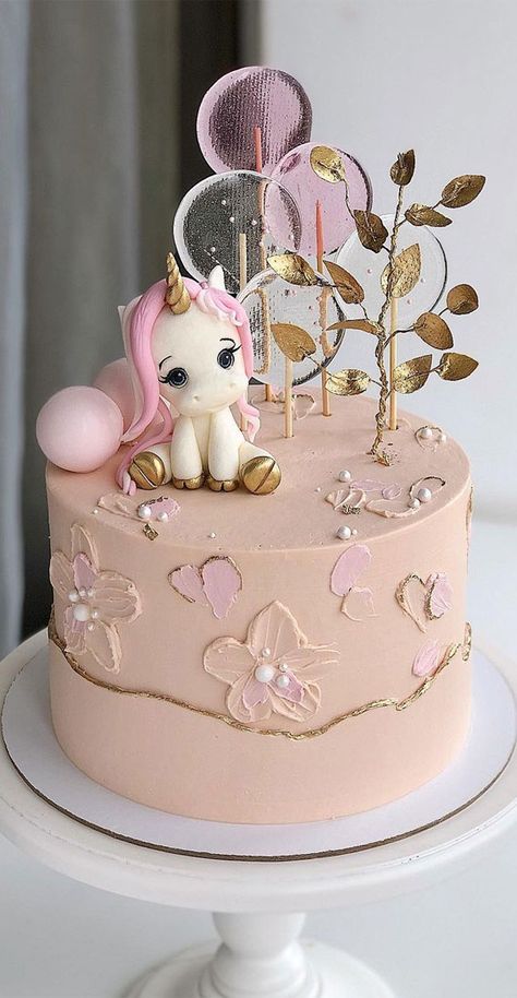 6. Pink Cake with gold tree, sphere & unicorn These days, celebration cakes are all about unique designs and attractive decorations. When it comes to... Unicorn Birthday Cake Ideas, Unicorn Cake Design, Cake Designs For Girl, Cake Turntable, Cake With Gold, Candy Birthday Cakes, Cream Bag, Cinderella Cake, Unicorn Birthday Cake