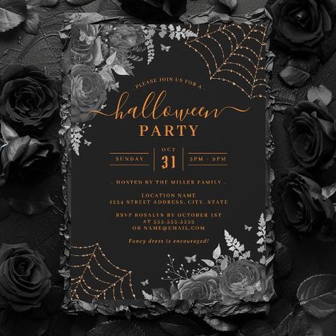 Dark Spooky Floral Cobwebs Orange Halloween Party  Invitation Halloween Party Save The Date, Ghouls Night Invite, Halloween Invations Ideas, Halloween Party Invitations For Adults, Halloween Birthday Party For Adults, Halloween Invitation Ideas, Unique Halloween Party Ideas, Vampire Birthday, Scary Halloween Invitations