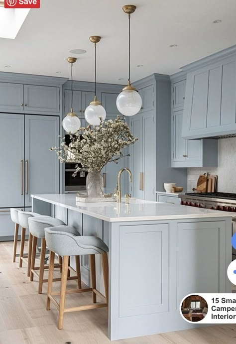 Light Airy Kitchen Ideas, Resurface Cabinets, Light Blue Kitchen Ideas, Kitchen With Blue Cabinets, Light Blue Houses, Blue Kitchen Ideas, Green Modern Kitchen, Blue Kitchen Designs, Light Blue Kitchen