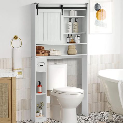 PRICES MAY VARY. Multi-functional Unique Design: This over-the-toilet rack shelf features a sliding barn door for discreetly storing towels and toilet paper, along with additional open shelves for easy access to daily necessities Size: This over-the-toilet bathroom storage cabinet is a space-efficient solution for accessible storage without taking up too much room in your bathroom, the size is 32.4"(W) x 7.6"(D) x 64.9''(H), please confirm the size before purchasing Easy Assembly: The assembly o Bathroom Storage Cabinet Over Toilet, Over Toilet Cabinet, Storage Cabinet Over Toilet, Cabinet Over Toilet, Over The Toilet Rack, Small House Storage, Over The Toilet Storage Cabinet, Storage Cabinet Bathroom, Space Saving Toilet