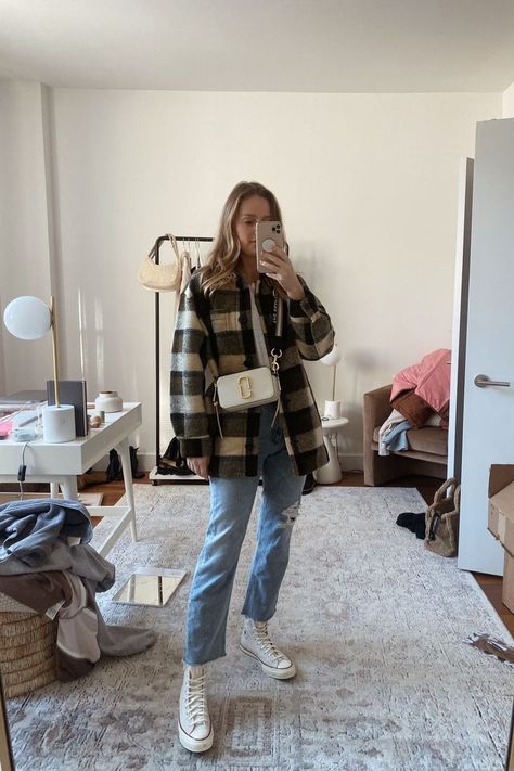 Charlotte Bridgeman Madewell Shacket - wearing a small Citizens jeans - size down Shacket Outfit Women Summer, Check Shacket Outfit Women, Checkered Shacket Outfit, Checked Shacket Outfit, Leather Shacket Outfit Women, Snapshot Bag Outfit, Madewell Shacket, Marc Jacobs Snapshot Bag Outfit, Leather Shacket Outfit