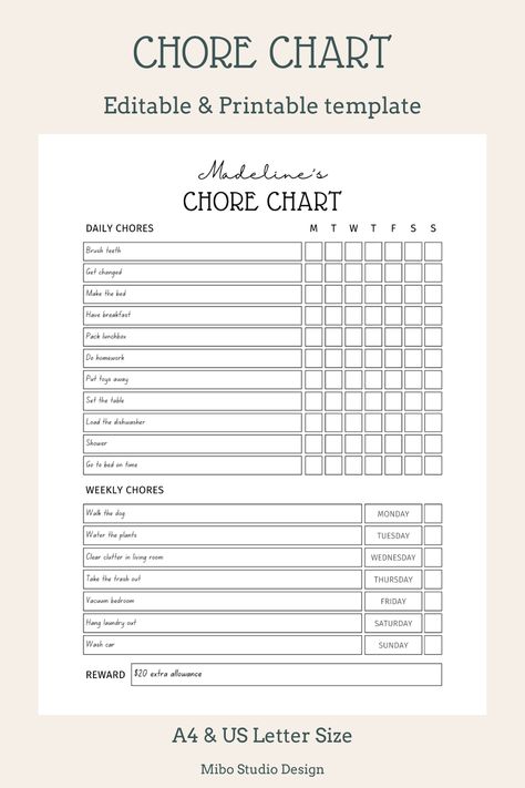 Keeping your children/teenagers organised on a daily and weekly basis can be hard. That is why we have created this printable and editable chore chart that helps inspire your kids to take care of their chores. Our Minimalist Chore Chart will motivate your child to do their laundry, set the table, feed their pets and more every single week. #chorechart #responsibilitychart #kidschorechart #weeklychorechart Daily Weekly Chore Chart, Household Planning, Daily Checklist Printable, Teen Chore Chart, Kids Charts, Homework Chart, Editable Chore Chart, Weekly Chore Chart, Daily Chore Charts