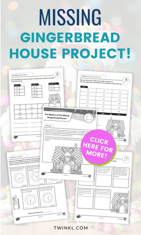 Engage your students in a fun, motivating math challenge with our Second Grade The Mystery of the Missing Gingerbread Houses Math Project.

By using our Gingerbread House Math Project resource, students will be presented with an engaging scenario where they must uncover the missing entries of Cookie Town's annual gingerbread house competition. 

This project incorporates addition word problems, geometry questions, determining less and more, telling time, and skip counting. Math Gingerbread House, Gingerbread House Stem Challenge, Geometry Questions, Gingerbread House Competition, Gingerbread Math, Elementary Stem Activities, Activities Elementary, Addition Words, Math Mystery