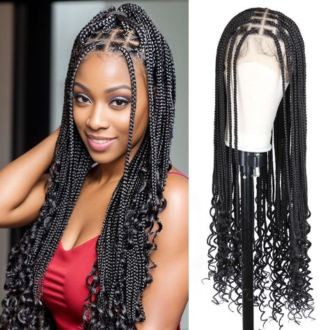 PRICES MAY VARY. Sangtok knotless half 30 inch box braids wig lace front braided wigs are fully hand braided handmade box braids lace front wig with goddess curly ends. This lace front box braids wig full lace 30 inches with baby hair comes with adjustable straps and combs for more natural hair line. The half braided curly wigs for black women box braid wigs are curly box braids and made with a 13x7 swiss lace which gives you the option to part either center or sides. The curly ends can be curle Braid Wigs, Braiding Your Own Hair, Crochet Wig, Front Braids, Lace Braid, Box Braid Wig, Braided Wigs, Short Braids, Box Braid