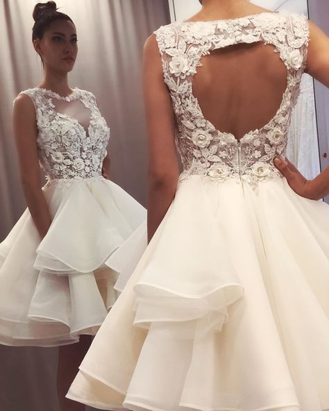 Dai Wedding on Instagram: “GIZA💗…” Short Chiffon Wedding Dress, Prom Dress Lace, Knee Length Wedding Dress, White Homecoming Dresses, Homecoming Dresses Lace, Beach Bridal Gown, Mini Prom Dresses, Chiffon Wedding Dress, Lace Prom Dress