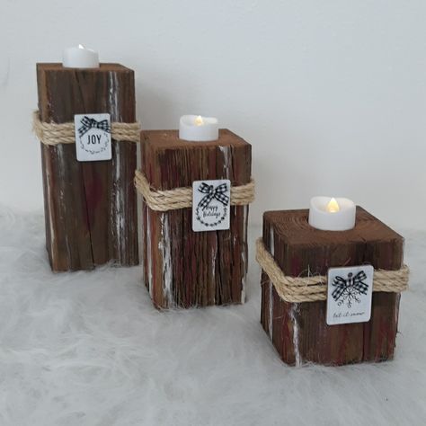 Farmhouse Rustic Wooden Candleholders. Set Of Three. Comes With Three Flickering Led Candles. Handsome Recycled Barnwood. Measures Approximately 3 1/2 By 3 1/4 By 8 Inches, 6 Inches, And 4 Inches Respectively. Wooden Christmas Candles, Wooden Candles, Farmhouse Rustic, Wooden Christmas, Barnwood, Led Candles, Christmas Candles, Three Color, Barn Wood