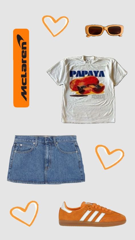 outfit #papaya #orange #McLaren #hearts #sunglasses #outfits #clothes Papaya Outfits, Mclaren Outfit, Mclaren Girl, Grand Prix Outfit, F1 Outfit, F1 Fashion, Orange Mclaren, Wag Dr, Race Outfit