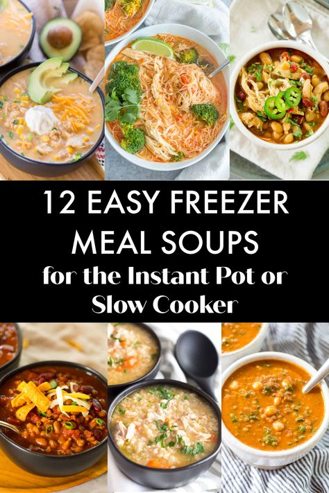 12 easy, delicious, and healthy soups that can be prepped ahead of time, put it in the freezer, and cooked in an Instant Pot or Slow Cooker! Weeknight dinner has never been so easy. Freezer Meals Instant Pot Recipes, Fall Meal Ideas Instant Pot, Freezer To Crockpot Soups, Freezer Ready Crock Pot Meals, Soup Prep Freezer, Soups Freezer Make Ahead, Prepping Crockpot Meals, 12 Healthy Crockpot Freezer Meals From Costco, Instant Pot Prep Ahead Meals