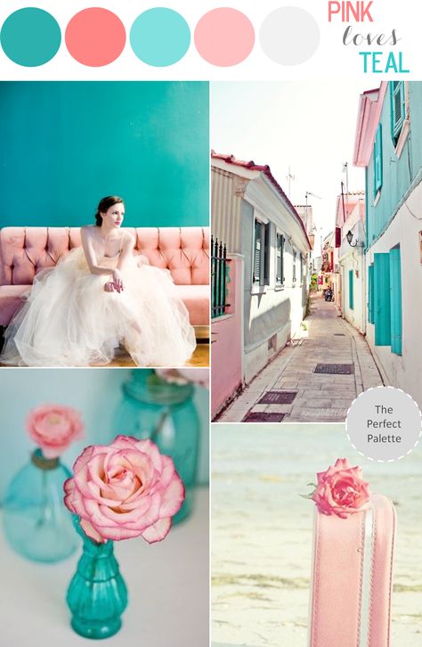 Color Story | Pink Loves Teal http://www.theperfectpalette.com/2013/06/color-story-pink-loves-teal.html Wedding Decorating, Mix Colour, Teal Wedding, Summer Wedding Colors, Wedding Palette, Glitter Party, Have Inspiration, Theme Color, Blog Site