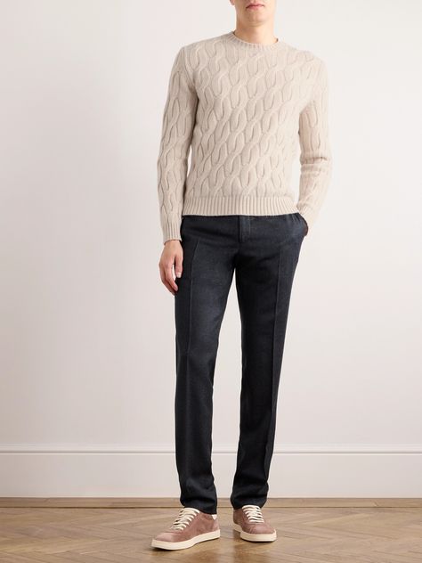 This sweater is part of Incotex's 'Zanone' family of knitwear, made using only the best possible fabrics. It's knitted from wool in curved cable stiches and ribbed at the edges to define the shape. Style yours with jeans or tailored trousers. Formal Pants, Sweater For Men, Wardrobe Edit, Wool Flannel, Wool Trousers, Linen Trousers, Fitted Sweater, Tailored Trousers, Mr Porter