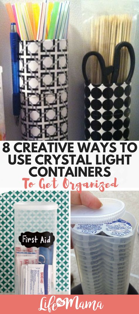 8 Creative Ways To Use Crystal Light Containers To Get Organized Crystal Light Containers, Craft Storage Containers, Crystal Lights, Diy Hanging Shelves, Crystal Lighting, Handmade Beauty Products, Crystal Light, Mason Jar Diy, Mason Jar Crafts