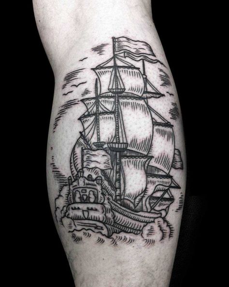 Traditional Dutch ship tattoo inked on the right calf Dutch Tattoo, Nautical Tattoos, Woodcut Tattoo, Inner Bicep Tattoo, Lighthouse Tattoo, Ancient Tattoo, Nautical Tattoo, Ship Tattoo, White Tattoo