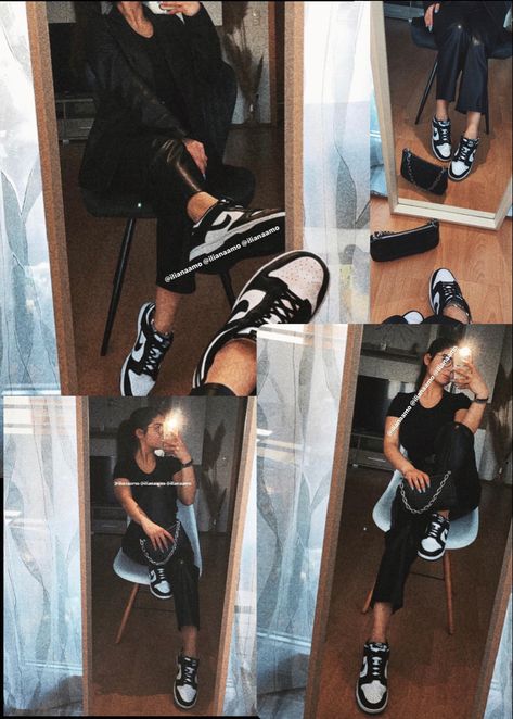 Dunk Low Black And White Outfit, Black High Top Nike Outfit, Black Low Dunks Outfit Woman, Panda Dunks Work Outfit, Style Dunk Lows, Dunk Low Outfit Women Black, Style Panda Dunks Women, Outfits With Black And White Dunk Lows, Black And White Nike Dunks Outfit