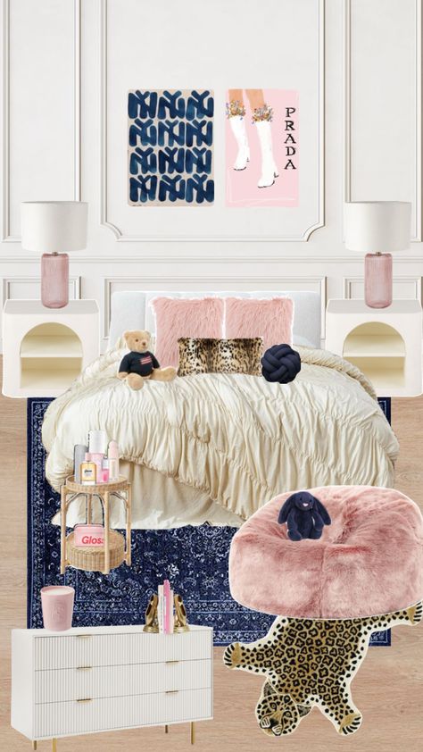 Aesthetic Girly Room Decor Ideas, Fashion Bedroom Ideas Classy, White And Colourful Bedroom, Bedroom Inspo Shuffles, Bed Set Ideas Aesthetic, Vogue Dorm Room Ideas, Room Ideas 2000s Aesthetic, Cute College Room Ideas, Pink Cheetah Room Ideas