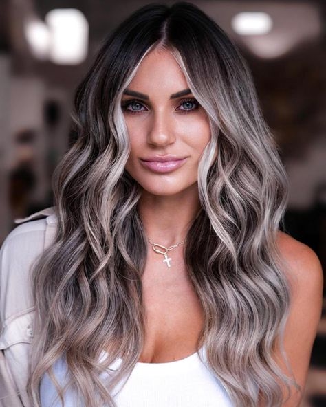 Brunette Hair with Silver Highlights Bold Money Piece Balayage, Dark Roots Ash Blonde Hair Balayage Short, White Blonde Highlights On Brown Hair, Spring Hair Color Ideas 2023, Icy Blonde Highlights On Dark Hair, Platinum Silver Hair Color, Dark Silver Hair, Silver Hair Shampoo, Silver Hairstyles