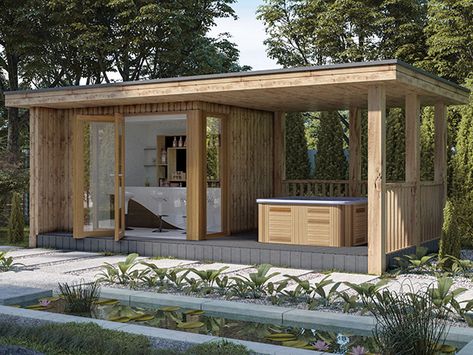 The Crown Buckingham Garden Room - Crown Pavilions Hot Tub Pergola, Contemporary Garden Rooms, Backyard Guest Houses, Hot Tub House, Hot Tub Gazebo, Garden Cabins, Summer House Garden, Hot Tub Backyard, Hot Tub Garden