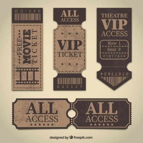 Retro tickets Free Vector Ticket Cinema, Stiker Macbook, Ticket Design Template, Kertas Vintage, Movie Ticket, Vintage Ticket, Album Journal, Etiquette Vintage, Ticket Design