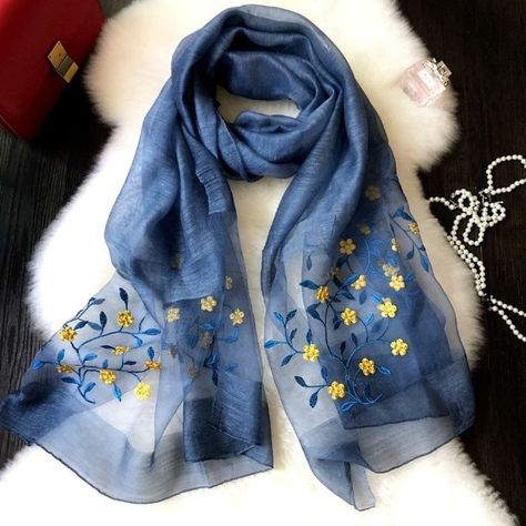 Embroidery Scarf, Flower Women, Winter Scarves, Embroidered Scarf, Scarf Women Fashion, Pola Sulam, Printed Scarf, Soft Autumn, Embroidery On Clothes