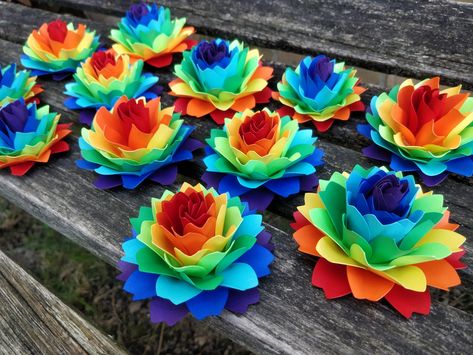 Rainbow Dahlia Paper Flowers. ROYGBIV. Cake Topper, Wedding Favors, Gift, Decoration, Anniversary, Birthday, Gay Pride. by TreeTownPaper on Etsy Dahlia Paper Flowers, Rainbow Wedding Decorations, Rainbow Wedding Theme, Rainbow Garland, Wedding Shower Decorations, Cake Topper Wedding, Rainbow Hearts, Rainbow Wedding, Topper Wedding