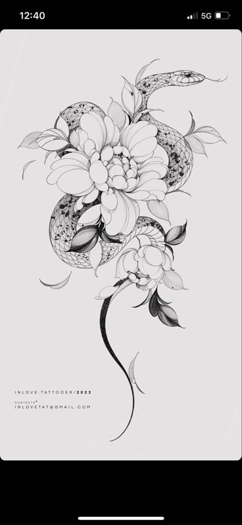 Snake A Flower Tattoo, Serpent Flower Tattoo, Snake N Flower Tattoo, Peonies And Snake Tattoo, Snake Flowers Tattoo Design, Snake Orchid Tattoo, Snake And Peony Tattoo Design, Snake In Flowers Tattoo, Snakes And Flowers Tattoo