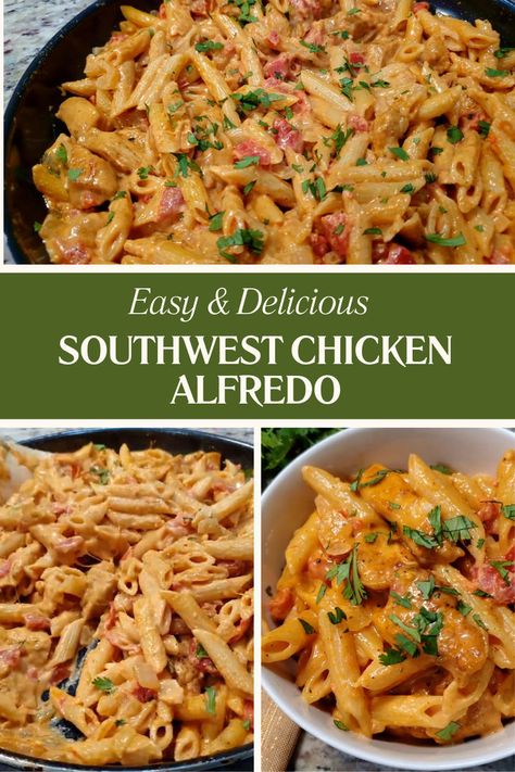 Elevate your pasta night with Southwest Chicken Alfredo, a creamy, spicy twist on a classic. This dish blends the rich, comforting flavors of Alfredo sauce with the bold spices of the Southwest, including cumin and chili powder. Tender chicken, sautéed in these fragrant spices, is tossed with fettuccine and a silky, homemade Alfredo sauce. For an added pop of color and texture, throw in some corn, black beans, and diced tomatoes. It's a perfect fusion that promises to delight your taste buds. Southwestern Chicken Alfredo, Southwest Chicken Alfredo Pasta, Southwest Alfredo Pasta, Southwest Chicken Alfredo, Creamy Southwest Chicken, Southwest Chicken Pasta, Chicken Tomato Pasta, Chicken Panini, Southwestern Chicken