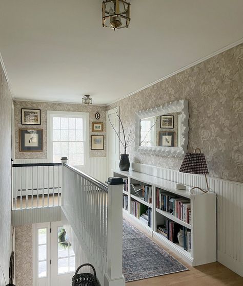 Stair Landing Play Area, Upstairs Landing Library, Ideas For Upstairs Landing Area, Wallpaper Upstairs Landing, Upstairs Landing Play Area, Narrow Steep Staircase Ideas, Landing Space Ideas Upstairs, Upstairs Hallway Ideas Landing, Top Of Stairs Decor Upstairs Landing