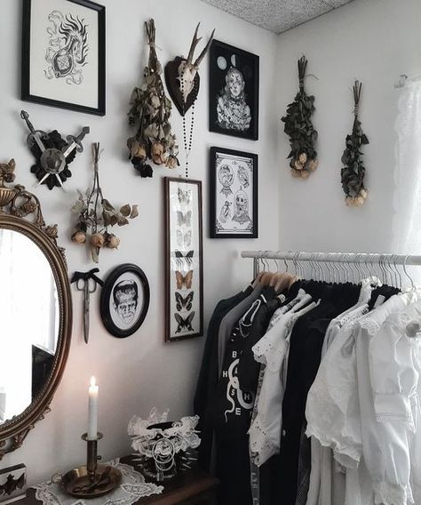 Gothic Bedroom With Plants, White Gothic Home Decor, Dark Home Decor Aesthetic, Romantic Goth Aesthetic Room, Classy Goth Home Decor, Faux Door Ideas, Romantic Goth Decor, Light Goth Aesthetic, Punk Aesthetic Room